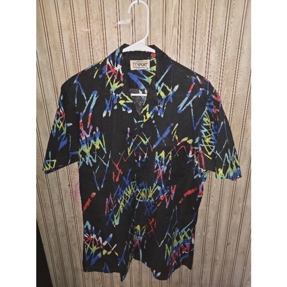 Vintage 80s CC Sport Neon Scribble Men's Med Button Short Sleeve Stranger Things